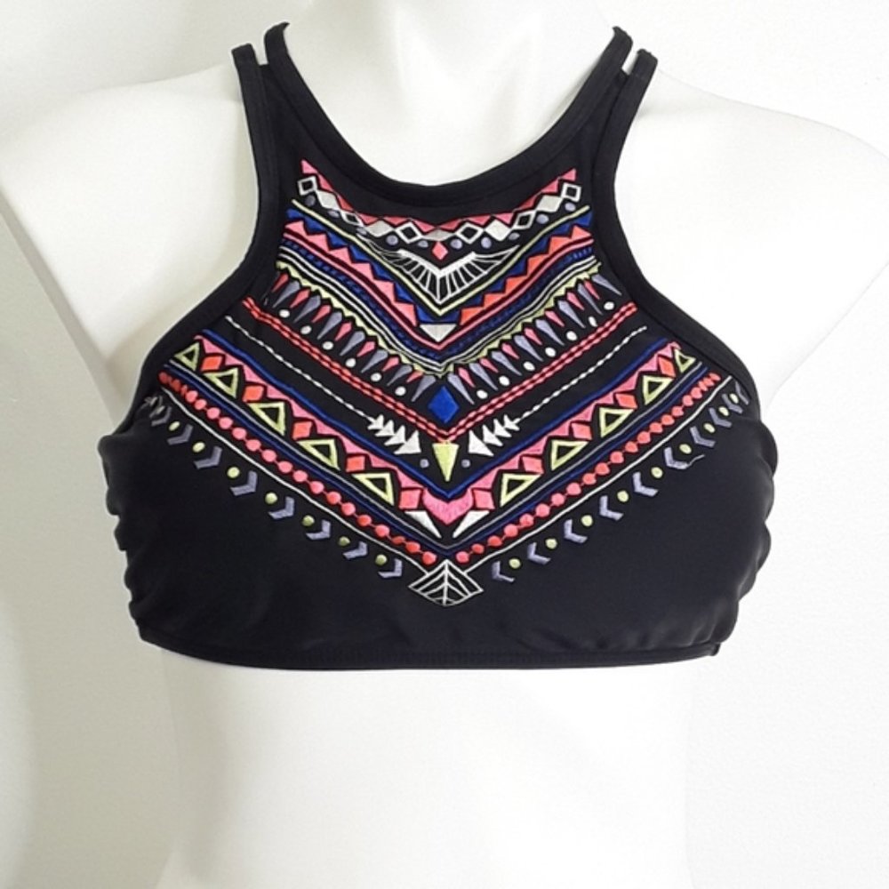 OP Hi Neck Halter Boho Strappy Back Bikini Top EUC sz L